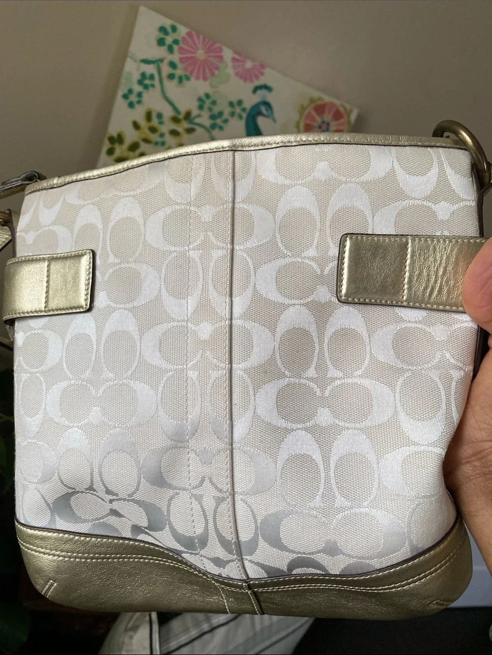 Coach Soho Signature Shoulder Bag with Cream monogram & Gold Metallic Trim